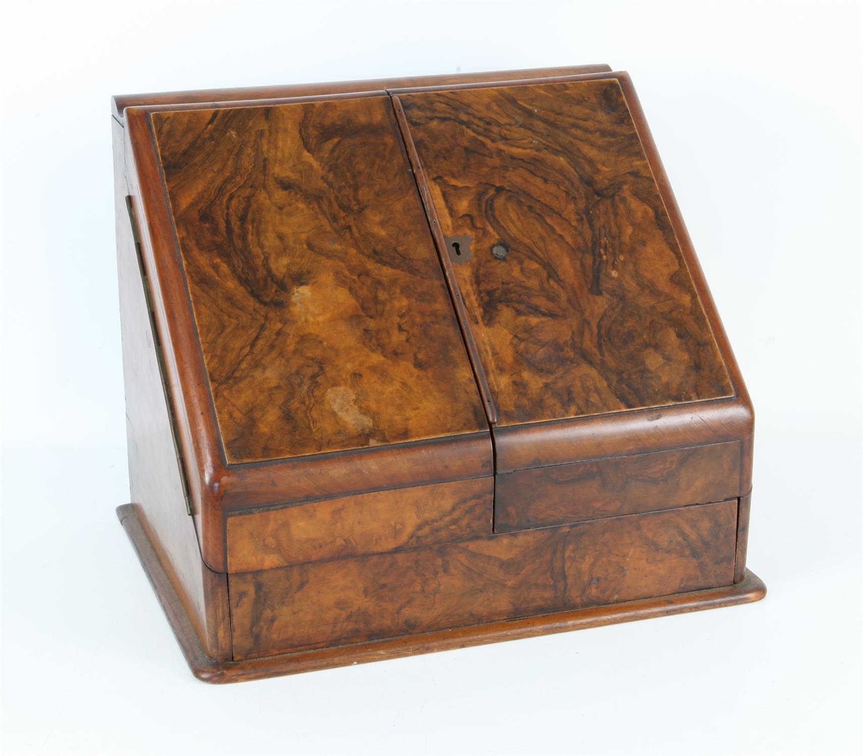 19th century burr walnut stationery box with calendar and compartments, h34 x w40 x d31cm, - Image 2 of 3