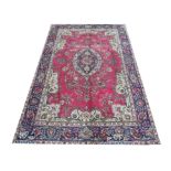 Vintage Persian Mashad Carpet, with pink/red ground, light green with blue border, 312 x 195 cm