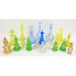 Collection of moulded glass scent bottles and stoppers, in light blue, lime green, clear glass,