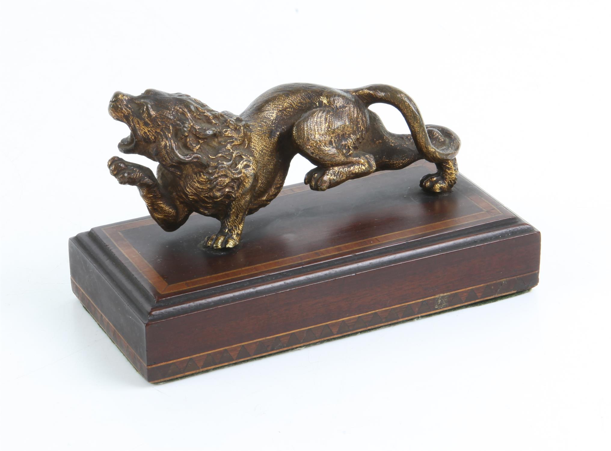 19th century gilded bronze figure of a lion on a crossbanded mahogany base, H9 W15 D7.5 cm - Image 2 of 2