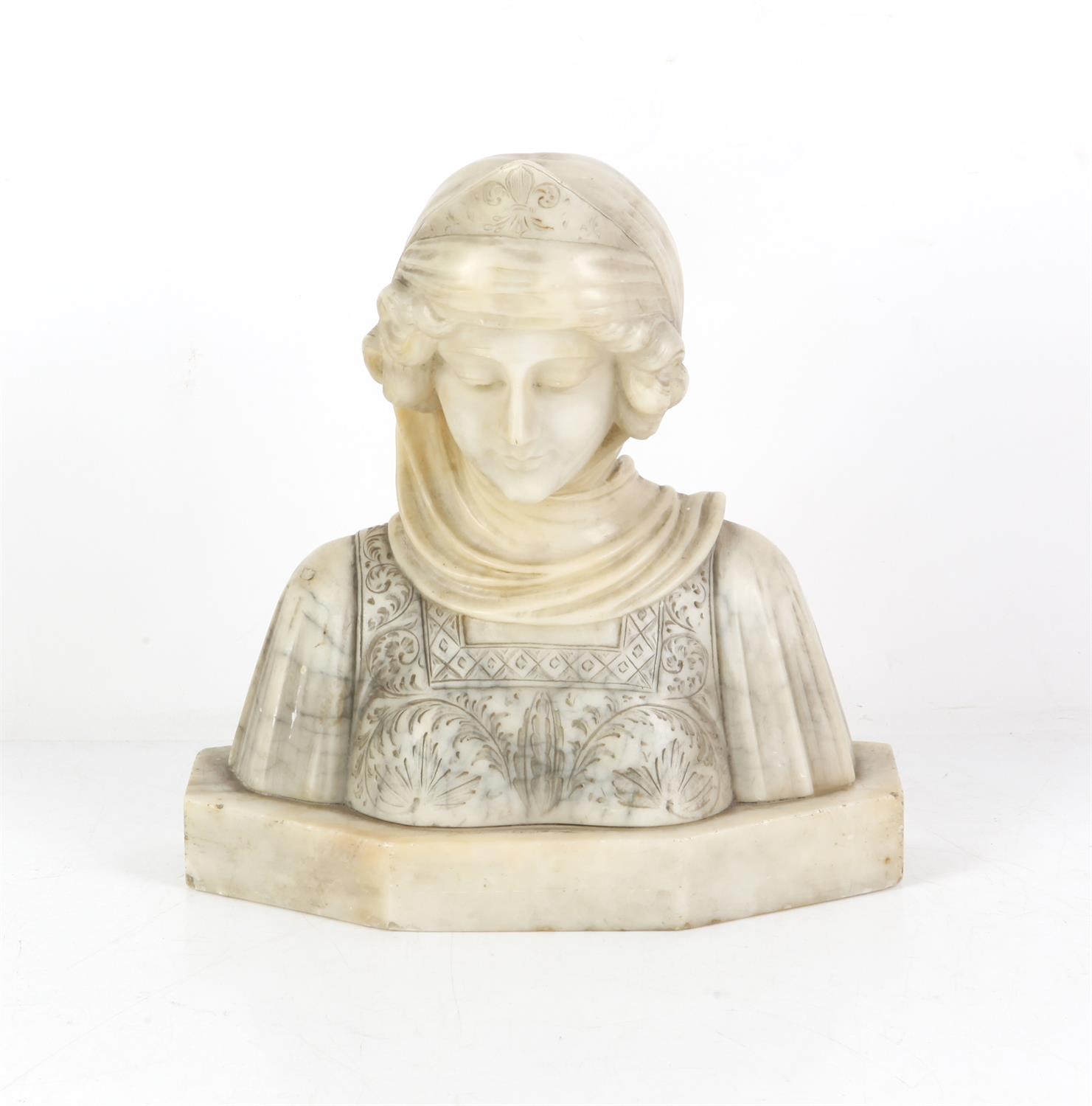 Victorian alabaster bust of a lady wearing a scarf and scroll decorated shirt, unsigned numbered 3