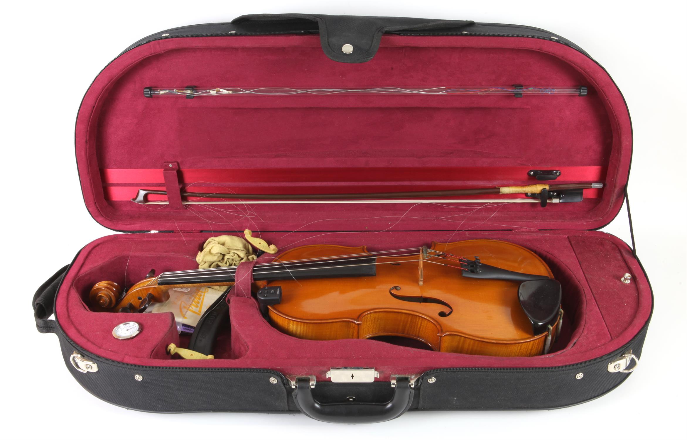 Violin in padded case, unmarked, back 41cm; with a Roth-Glasser violin bow, 74cm (2)