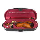 Violin in padded case, unmarked, back 41cm; with a Roth-Glasser violin bow, 74cm (2)