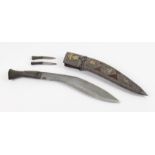 Kukri with white metal and velvet mounted scabbard and two smaller blades, total length 40 cm
