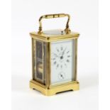 French Brass cased carriage clock, by L Epee, white enamelled dial with subsidiary alarm,