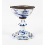 Dresden blue and white onion leaf pedestal bowl with metal liner and mounts, the base with blue