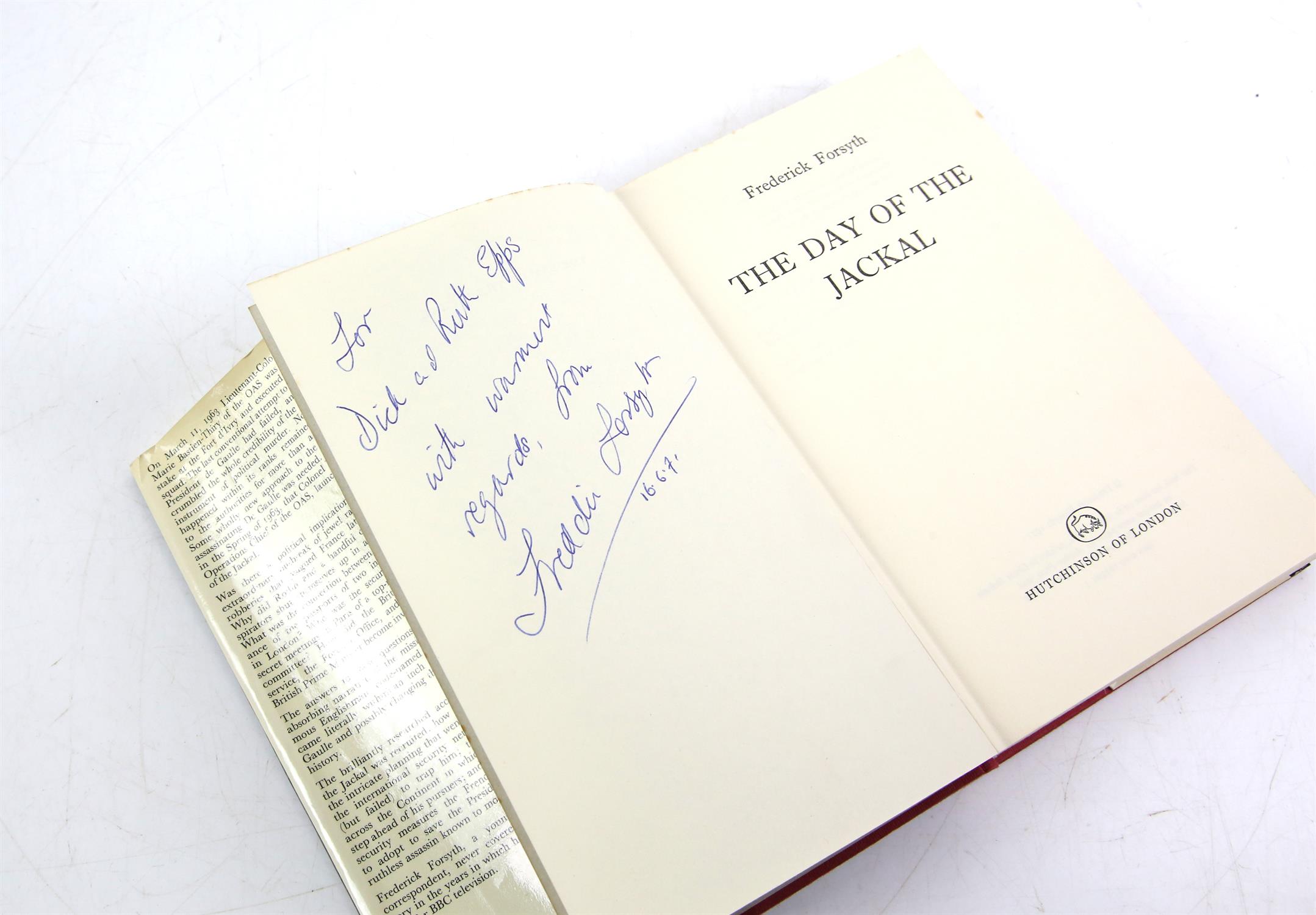 FORSYTH F. Day of The Jackal. Hutchinson, 1971 first edition. Signed and inscribed by the author.