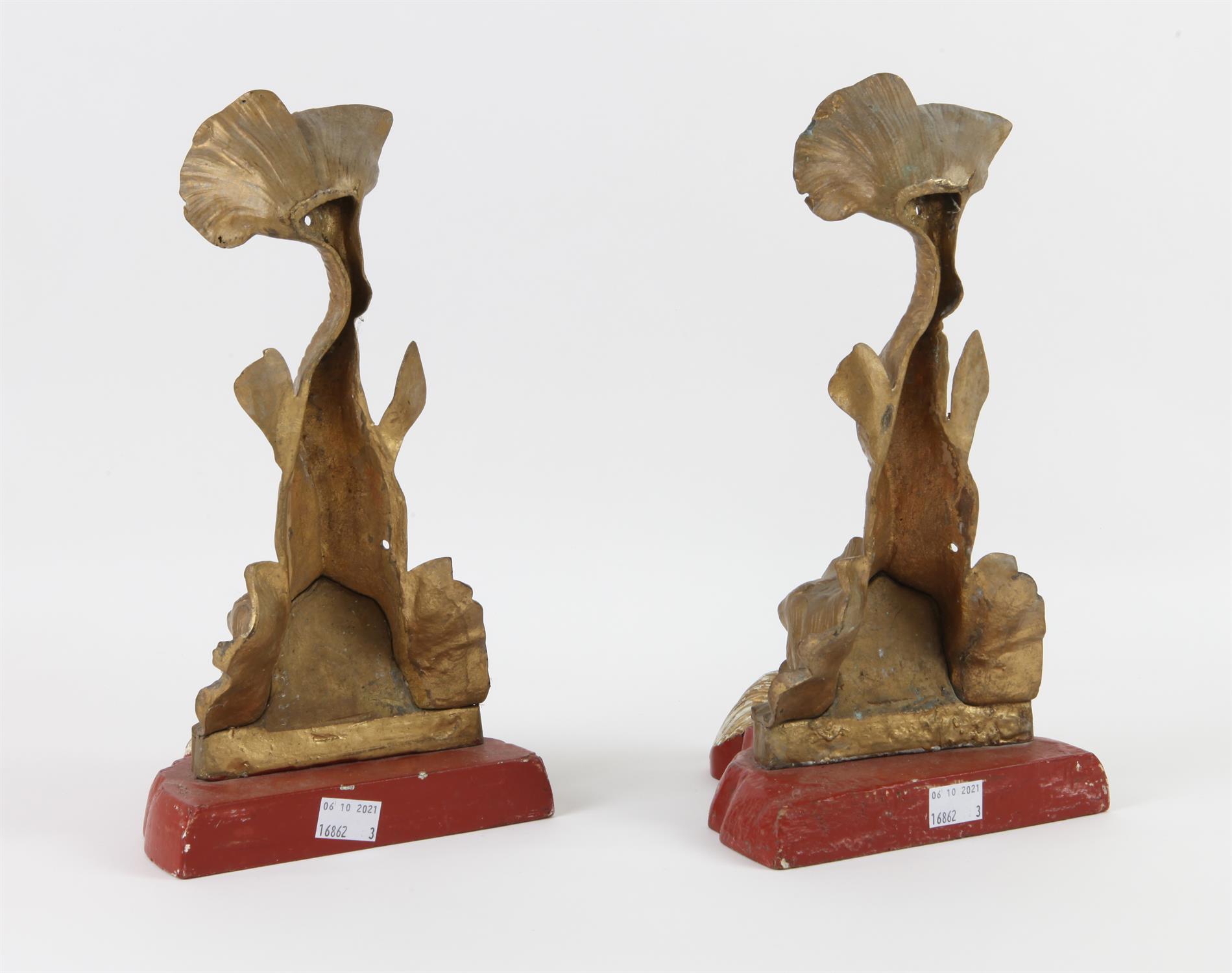 Pair of late 19th century ormolu sabot in the form of dolphins now mounted on wooden bases with - Image 2 of 2