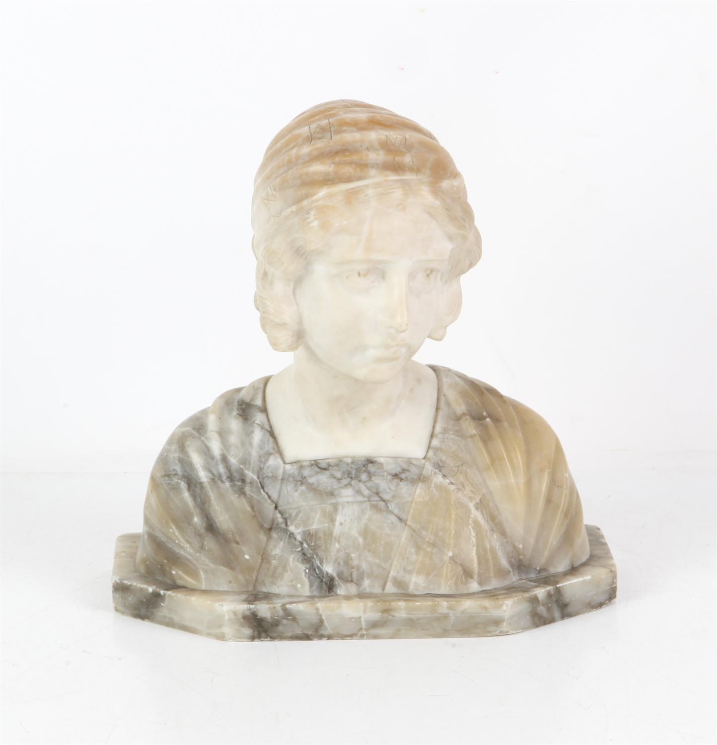 Victorian alabaster bust of a lady wearing a scarf in her hair and Classical robe, unsigned,