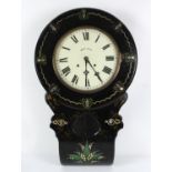 Victorian black lacquered and mother of pearl inlaid drop dial wall clock, enamel dial with Roman