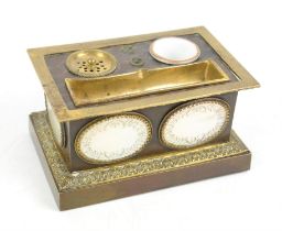 19th century bronze and brass ink stand with mother of pearl panels, H 7cm, W13 D8 cm