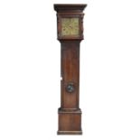 18th century oak longcase clock, the protruding cornice over baluster pilasters enclosing a matted