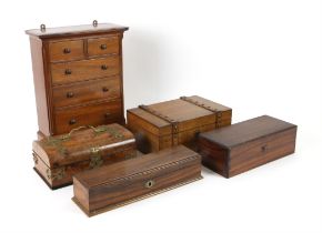 Early 20th century mahogany miniature chest of drawers, two small over three long drawers,