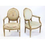 Pair of French 19th century style giltwood fauteuil armchairs, one with tapestry covers,