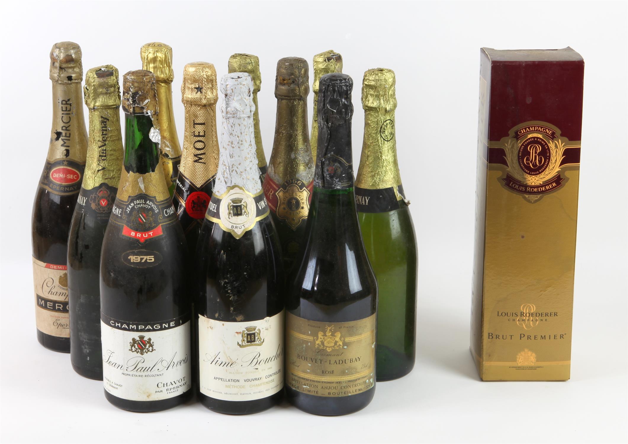 Twelve bottles of Champagne to include a boxed bottle of Louis Roederer Brut Champagne,