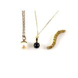 Three gem set pendants, including a single pearl pendant on a fine chain, a single stone cabochon