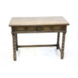 Oak side table, with panelled twin frieze drawers, on bobbin turned legs, 20th century,