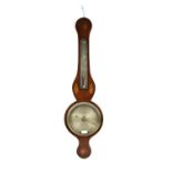 19th century inlaid mahogany banjo barometer, with shell motifs, the thermometer over a silvered