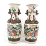 A pair of Famille verte  Nankin Vases, 19th century, painted with soldiers and horse riders,