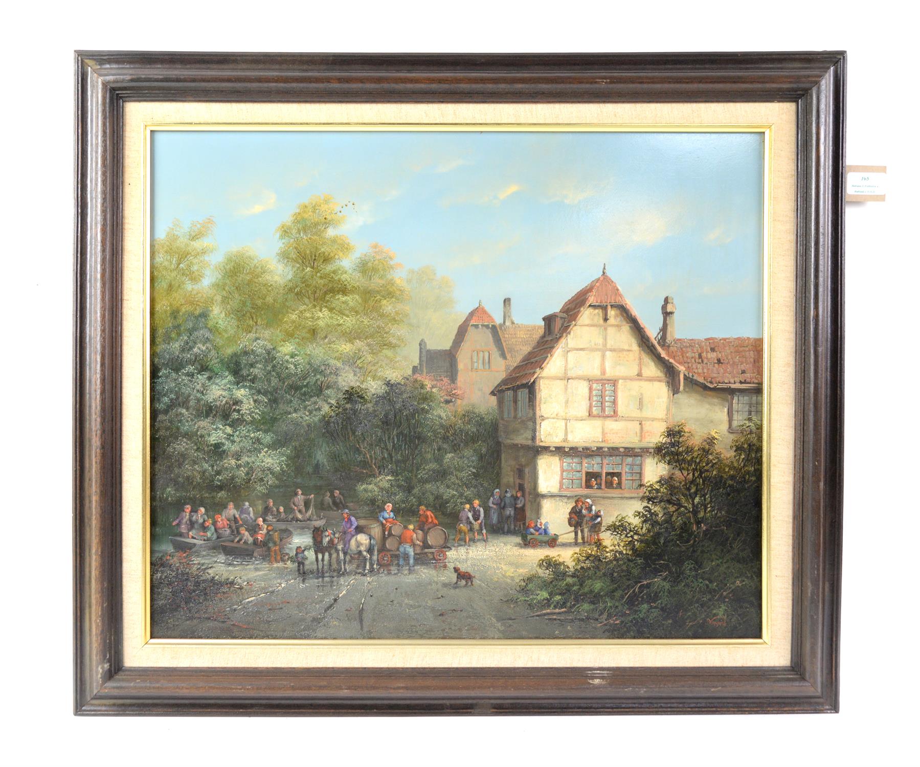 Modern European School, village scene with peasants to foreground. Oil on panel. Signed 'A.