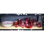 Collection of cranberry glass, Crown Devon vase and a pair of Assisi wall plates