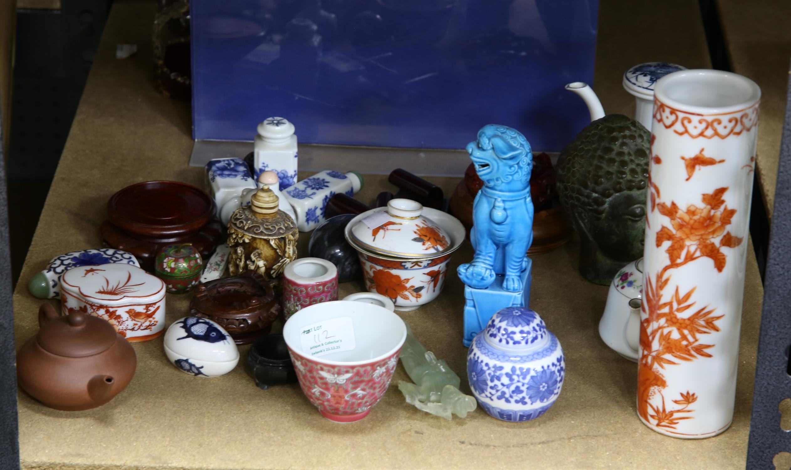 Collection of oriental items to include, chinese ceramics, snuff bottles, bronze head and various