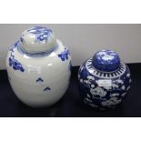 Chinese blue and white ginger jar, with prunus decoration (height 20cm), and another. (2)