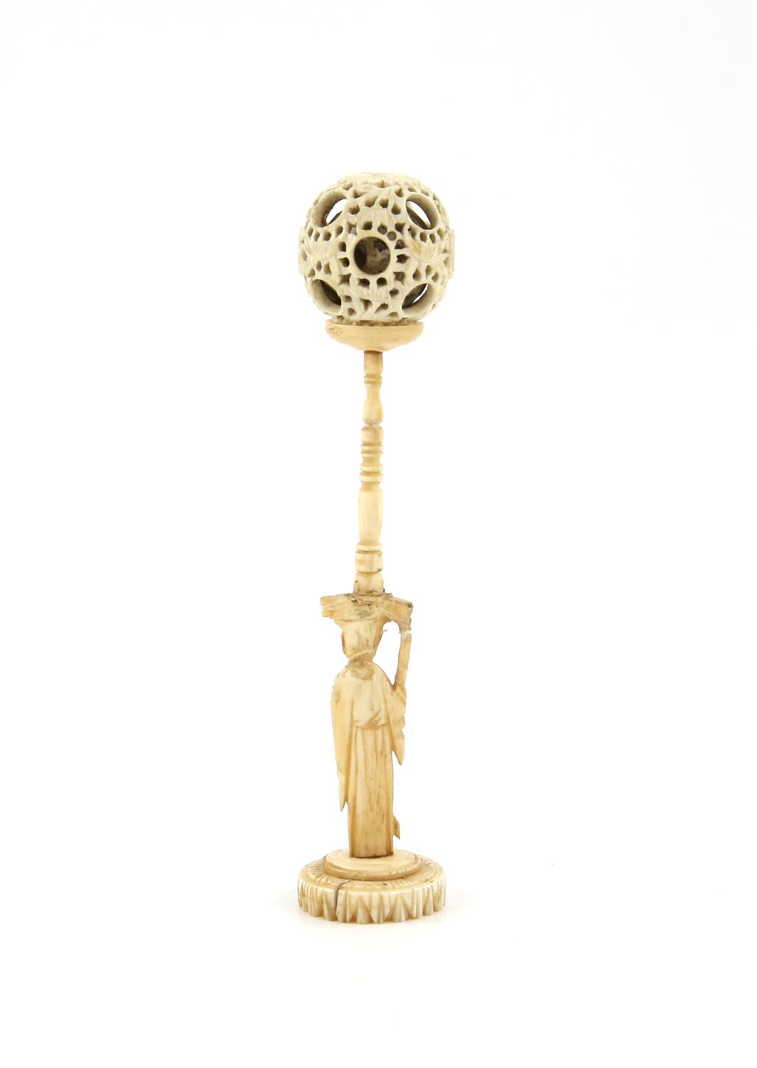 A Chinese Devil's work ball on stand  Carved bone with a puzzle ball and a stand with  a lady : 14. - Image 3 of 7