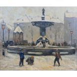 Nineteenth-century European School, festive townscape with fountain and children playing to