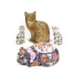Studio pottery seated cat with signature to the inside, 32cm, together with three other ceramic cats