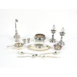 Small filigree bowl, 7cm diameter, two miniature goblets, set of four spoons marked silver,