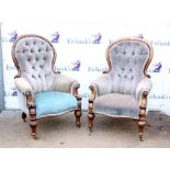 Pair of Victorian button back gentleman's armchairs, with arched backs, scroll arms,