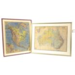 Pair of framed and glazed hand-coloured maps depicting Australia and North America.