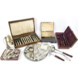 Set of six silver-plated fish knives and forks by Mappin & Webb, in an oak case, various other