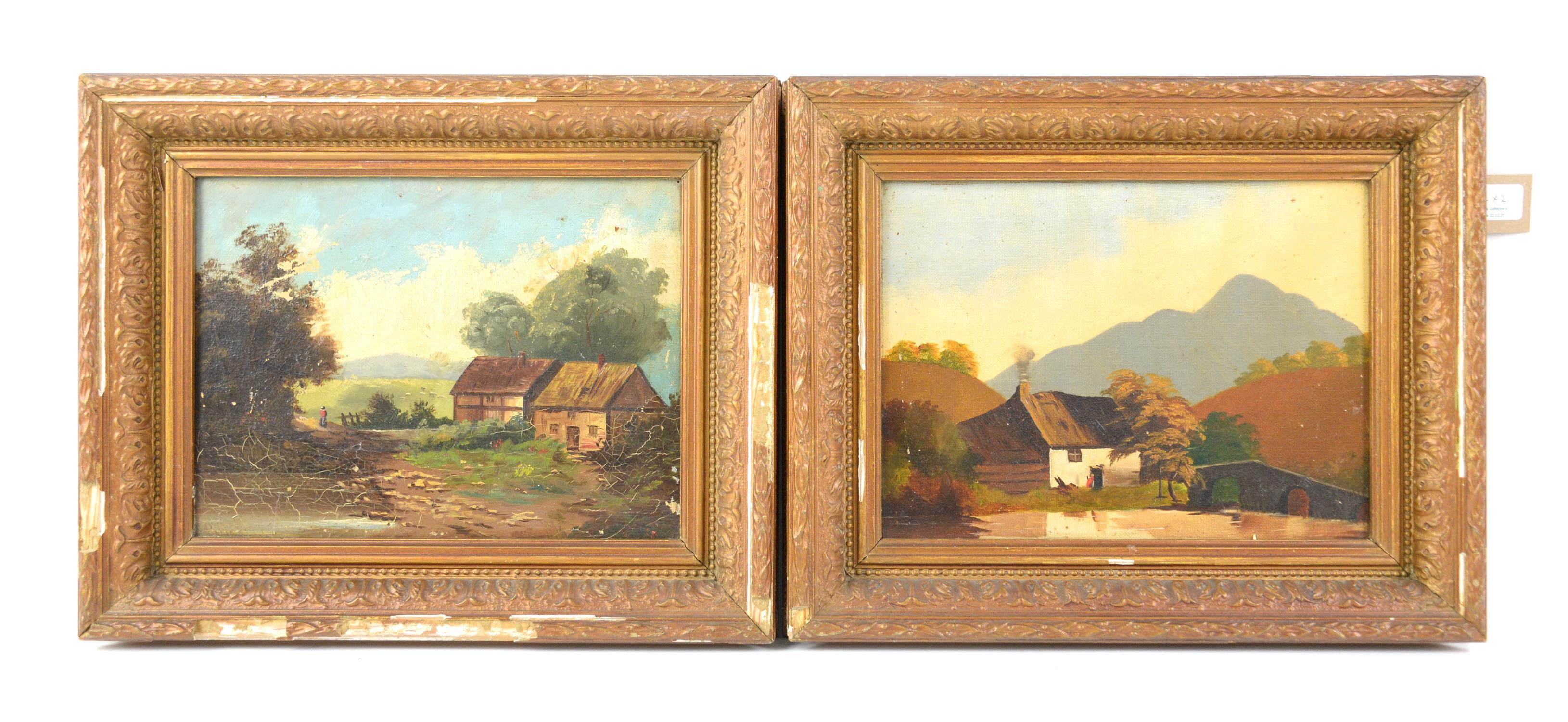 Nineteenth-century English School, pair of framed oil on canvas landscapes. Image size 21 x 28cm
