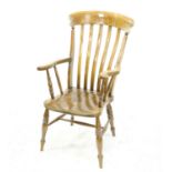 Ash and elm kitchen armchair, with rail back, solid seat and turned legs