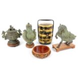 Chinese bronze censer and cover on stand, 17 cm high, bronze vase and cover 20 cm high,