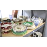 Collection of Victorian teapots, covered sugar bowls, plates and cake stands, including a blue and