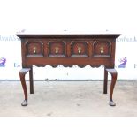 Small oak dresser and rack in the 18th century style, the moulded cornice and shaped frieze over