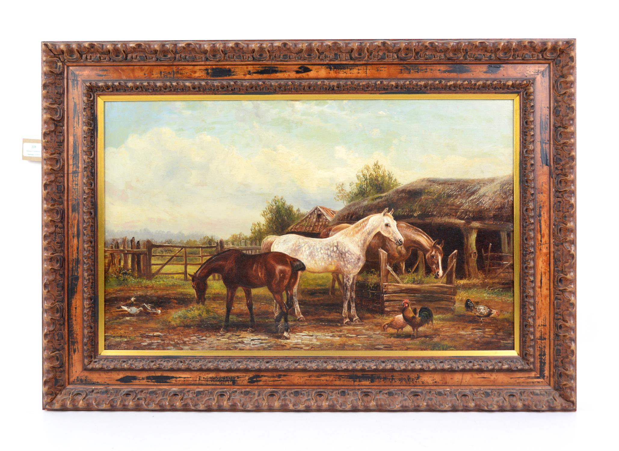 Nineteenth-century English School, farmyard scene with horses to foreground. Oil on canvas.