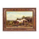 Nineteenth-century English School, farmyard scene with horses to foreground. Oil on canvas.