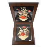 Pair of silk embroidered panels depicting flowers in baskets, 48 x 45 cm (2)