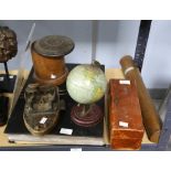 19th century turned treen string box H16cm, Chad Valley tin plate terrestrial globe, H22cm,