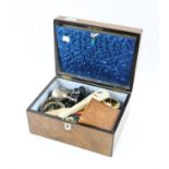 Mother of pearl inlayed wooden jewellery box containing costume jewellery, including beaded