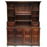 19th century mahogany dresser and rack, the top with dentil cornice and turned pilasters over