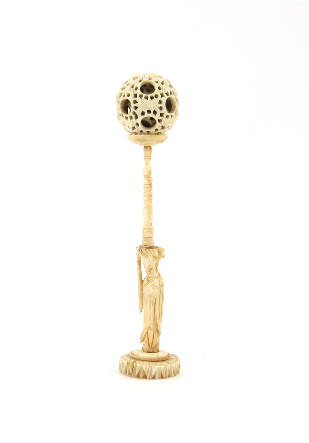 A Chinese Devil's work ball on stand  Carved bone with a puzzle ball and a stand with  a lady : 14. - Image 4 of 7