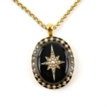 Victorian mourning seed pearl and black enamel pendant, testing as 15 ct, 5.4 x 3.