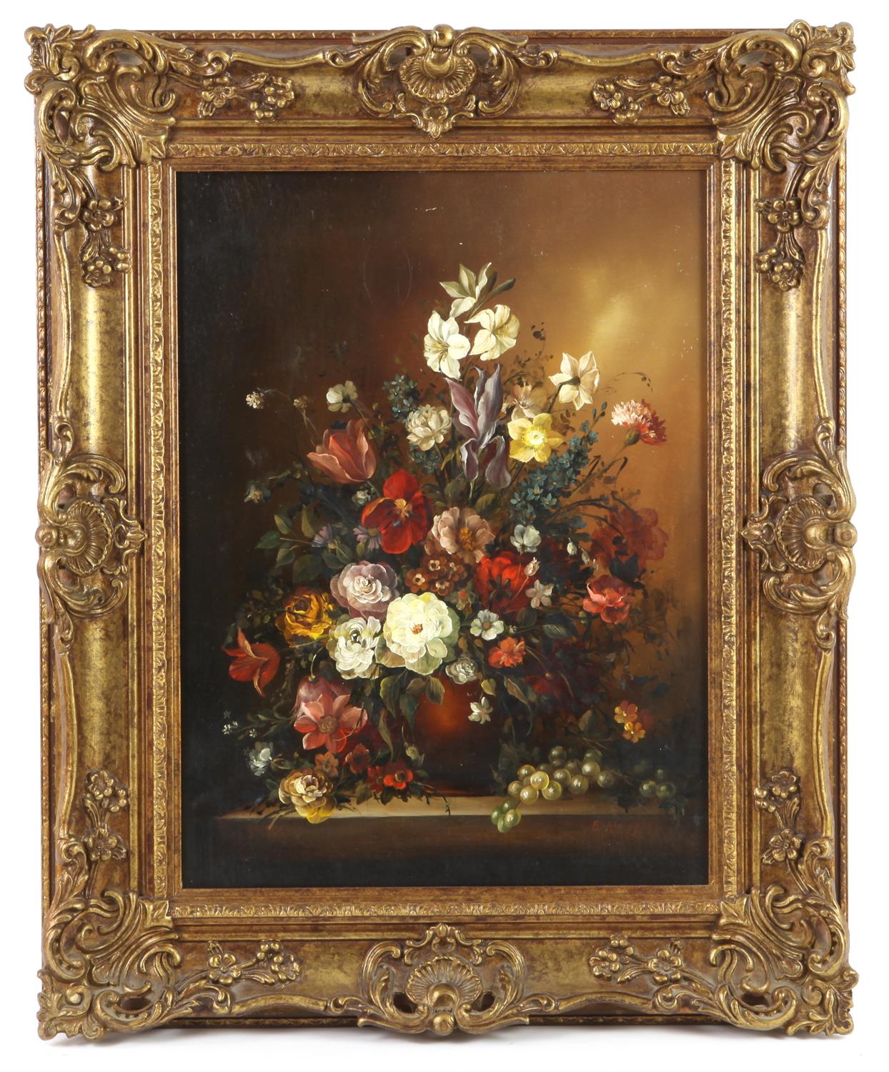 C. 1900 European School, still life with flowers. Oil on board. Signed 'B. Pal' lower right. Framed.