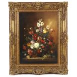 C. 1900 European School, still life with flowers. Oil on board. Signed 'B. Pal' lower right. Framed.