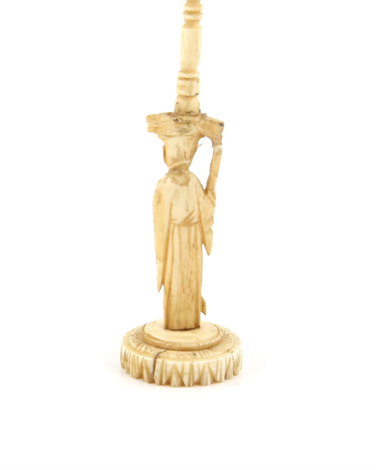 A Chinese Devil's work ball on stand  Carved bone with a puzzle ball and a stand with  a lady : 14. - Image 6 of 7